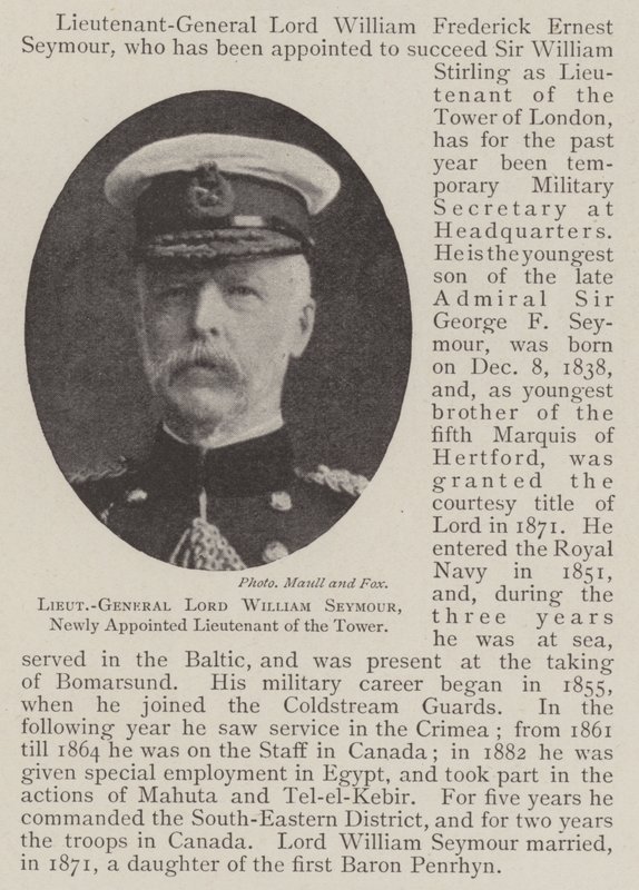 Generalløytnant Lord William Seymour, nyutnevnt løytnant av tårnet av English Photographer