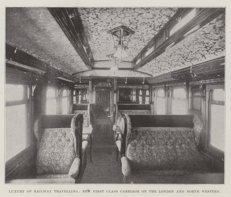 Luksus av jernbanereiser, ny førsteklasses vogn på London og North Western av English Photographer
