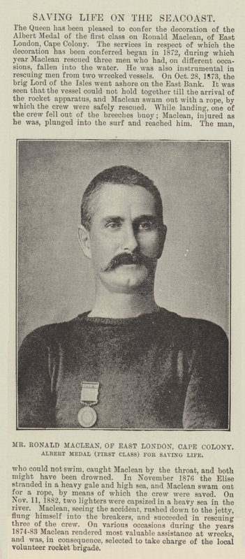 Mr Ronald Maclean, fra East London, Cape Colony, Albert-medalje (første klasse) for å redde liv av English Photographer