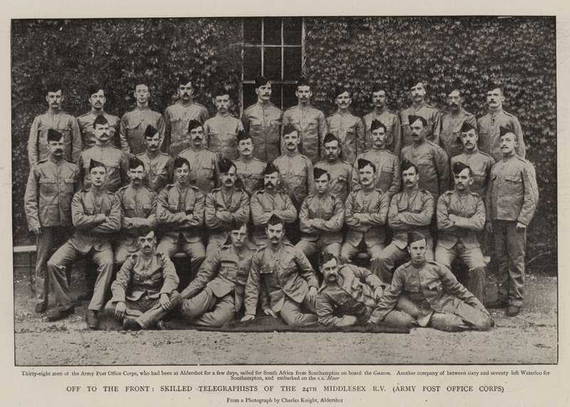 Off to the front, Skilled Telegraphists of the 24th Middlesex Rifle Volunteers, Army Post Office Corps av English Photographer