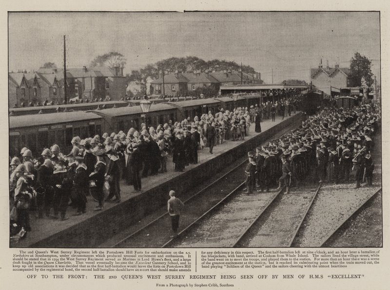 Ut til fronten, det andre Queens West Surrey-regimentet blir sett av av Men of H M S Excellent av English Photographer