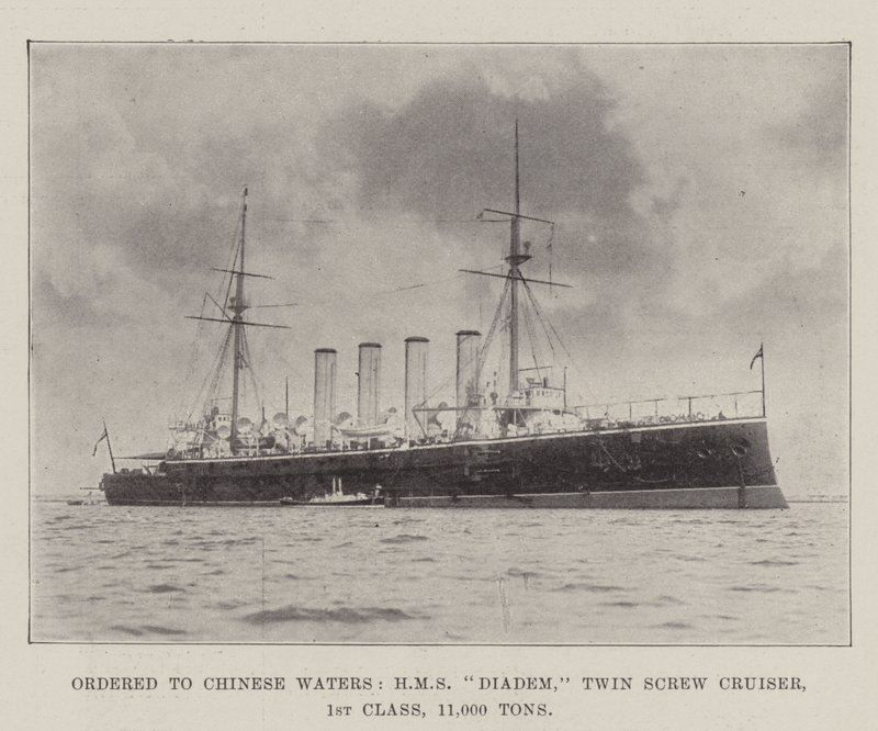 Bestilt til Chinese Waters, HMS Diadem, Twin Screw Cruiser, 1. klasse, 11 000 tonn av English Photographer