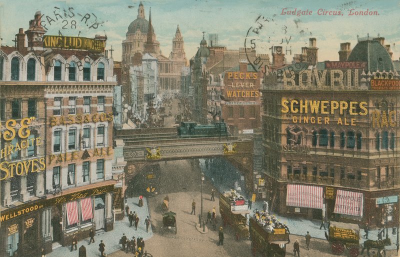 Postkort fra Ludgate Circus, London, sendt i 1913 (håndfarget bilde) av English Photographer