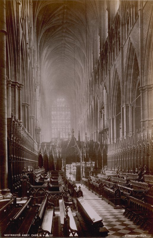 Postkort med et bilde av koret i Westminster Abbey av English Photographer