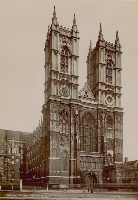Postkort med et bilde av vestfronten til Westminster Abbey av English Photographer