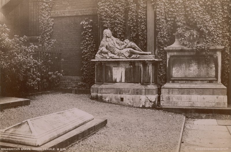 Postkort med graven til Oliver Goldsmith i det indre tempelet av English Photographer
