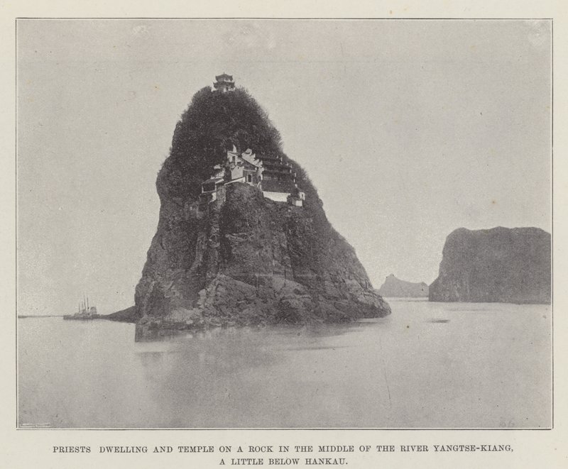 Prester bolig og tempel på en stein midt i elven Yangtze-Kiang, litt under Hankau av English Photographer