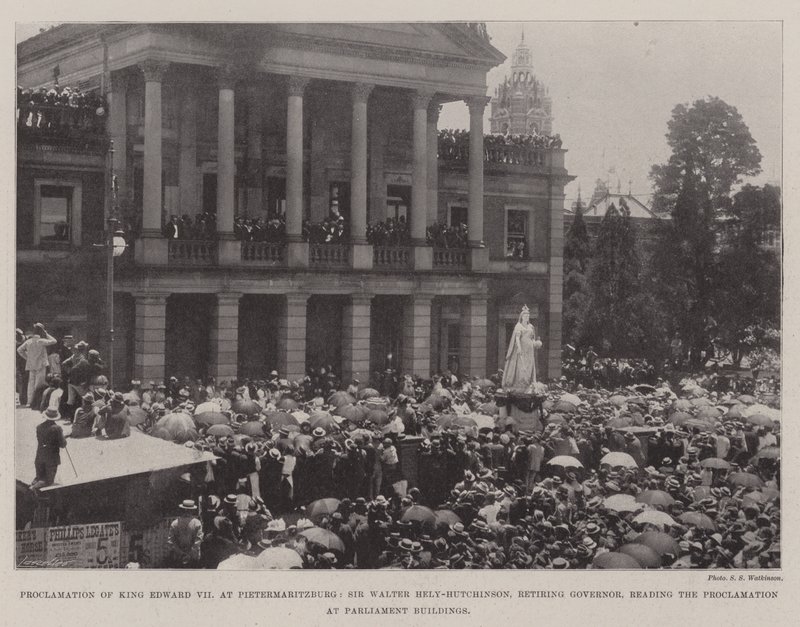 Proklamasjon av kong Edward VII i Pietermaritzburg, Sir Walter Hely-Hutchinson, avtroppende guvernør, leste proklamasjonen ved parlamentsbygningene av English Photographer
