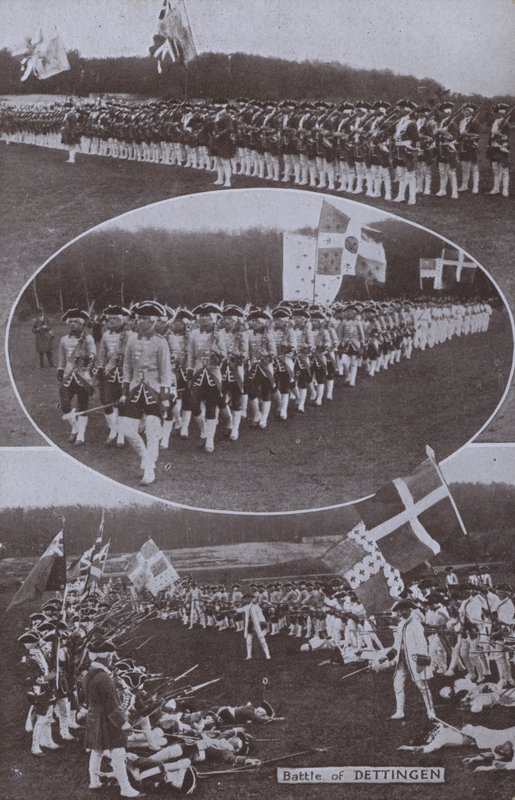 Gjenoppføring av slaget ved Dettingen, utkjempet i Bayern i 1743 under den østerrikske arvefølgekrigen (s/hv-bilde) av English Photographer