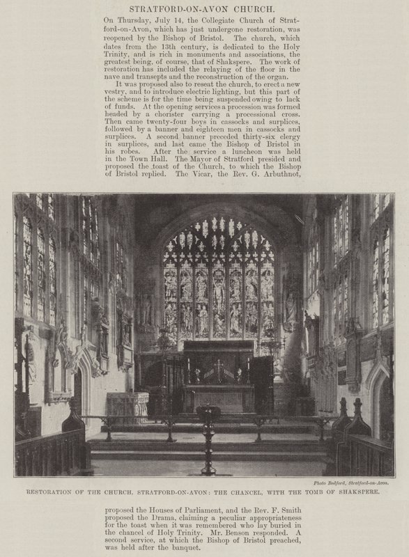 Restaurering av kirken, Stratford-on-Avon, kanselen, med Shakespeares grav av English Photographer