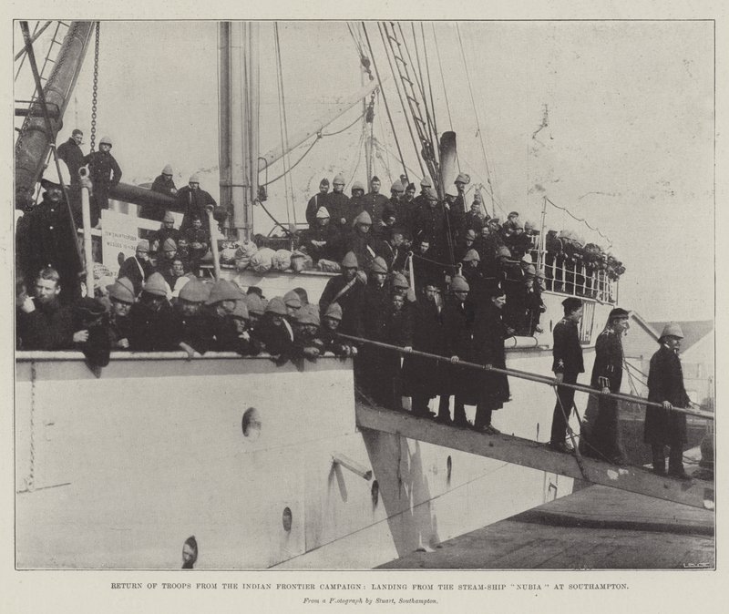 Return of Troops fra Indian Frontier Campaign, landing fra Steam-Ship Nubia ved Southampton av English Photographer