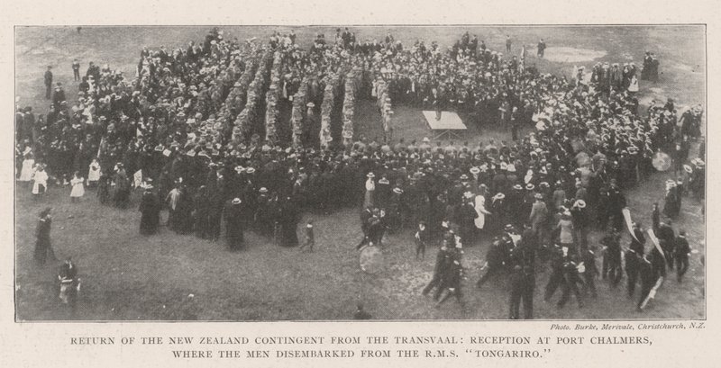Retur av New Zealand-kontingenten fra Transvaal, mottak i Port Chalmers, hvor mennene gikk i land fra RMS Tongariro av English Photographer