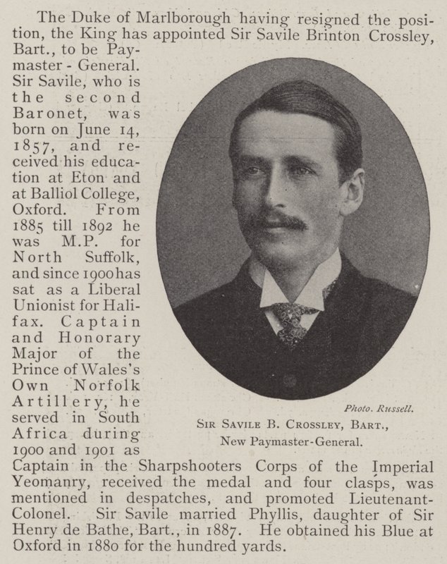 Sir Savile B Crossley, Baronet, New Paymaster-General av English Photographer