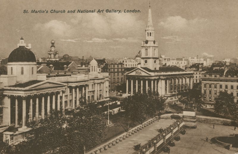 St Martins Church og National Art Gallery, London av English Photographer