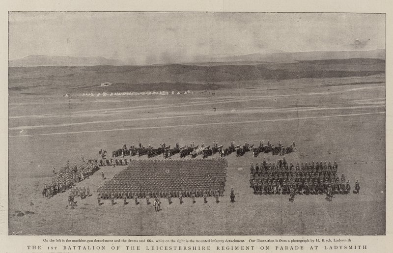 Den første bataljonen av Leicestershire-regimentet på parade ved Ladysmith av English Photographer