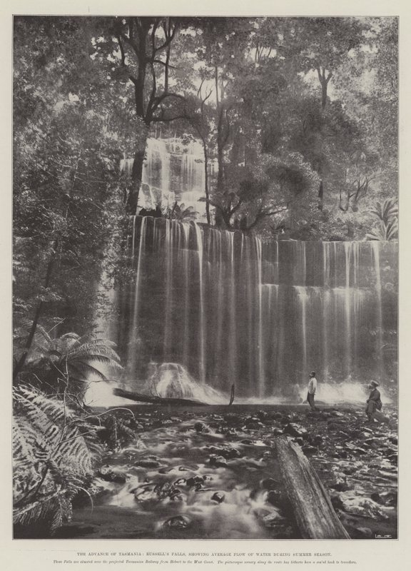 The Advance of Tasmania, Russells Falls, som viser gjennomsnittlig vannstrøm i sommersesongen av English Photographer