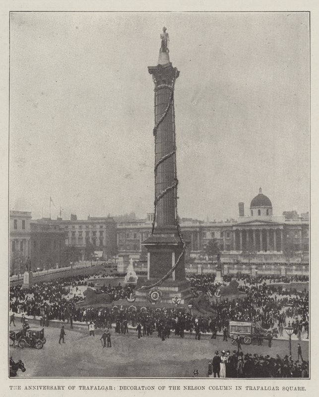 Årsdagen til Trafalgar, dekorasjon av Nelson-søylen på Trafalgar Square av English Photographer