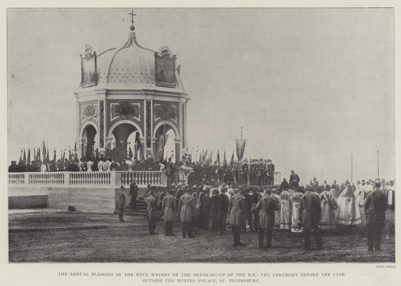 Neva-vannets årlige velsignelse ved oppbrytningen av isen, seremonien foran tsaren utenfor vinterpalasset, St. Petersburg av English Photographer
