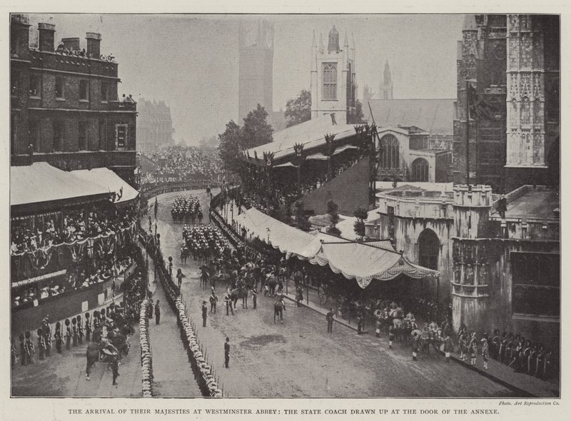 Ankomsten av Deres Majesteter til Westminster Abbey, statstreneren tegnet ved døren til annekset av English Photographer