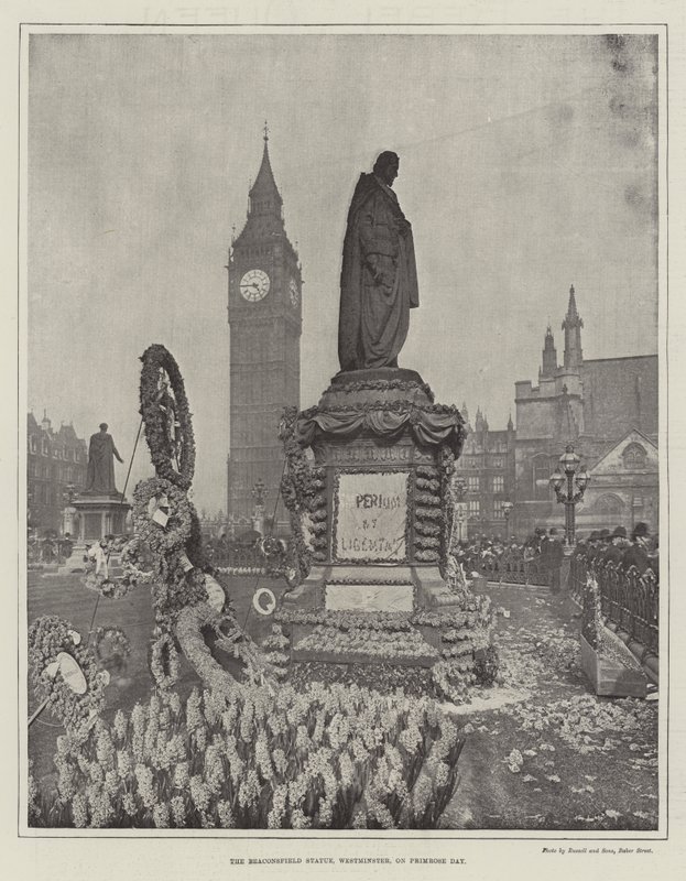 Beaconsfield-statuen, Westminster, på Primrose Day av English Photographer