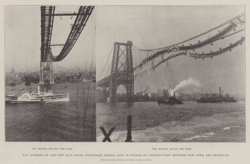 Brenningen av New East River Suspension Bridge, nå under konstruksjon mellom New York og Brooklyn av English Photographer