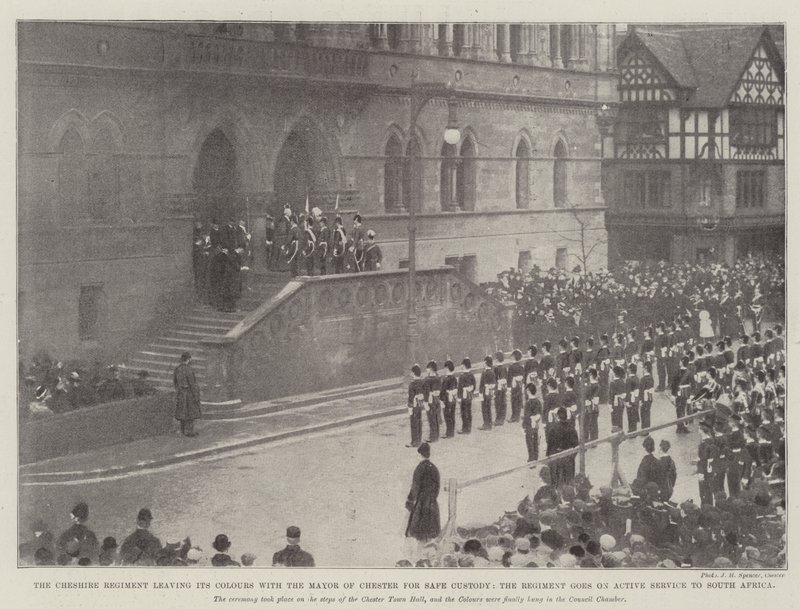 Cheshire-regimentet forlater sine farger hos borgermesteren i Chester for sikker varetekt, og regimentet går på aktiv tjeneste til Sør-Afrika av English Photographer