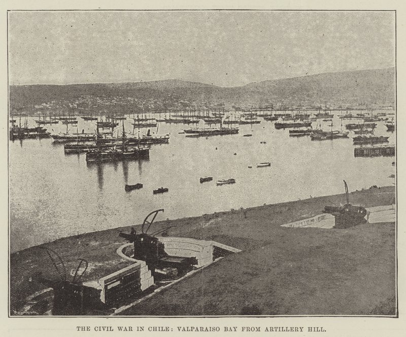 Borgerkrigen i Chile, Valparaiso Bay fra Artillery Hill av English Photographer