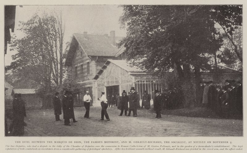 Duellen mellom Marquis de Dion, den kjente bilisten, og M Gerault-Richard, sosialisten, i Neuilly 4. november av English Photographer