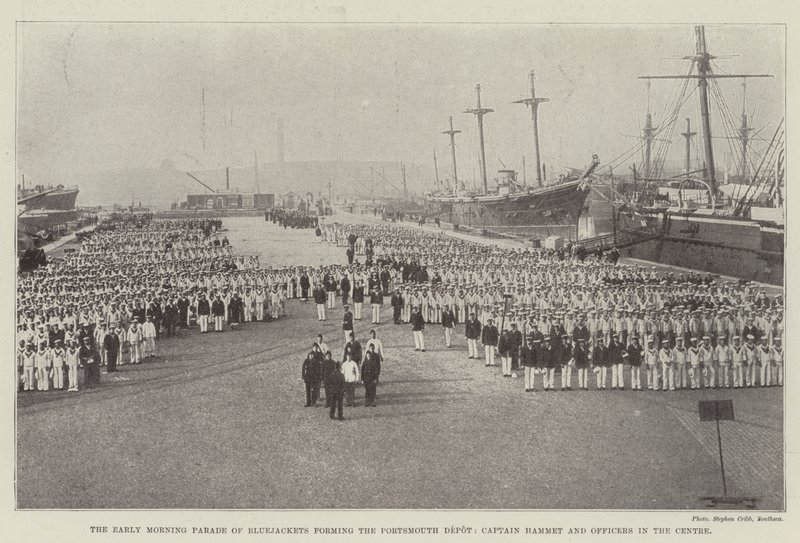 The Early Morning Parade of Bluejackets som danner Portsmouth Depot, kaptein Hammet og offiserer i sentrum av English Photographer