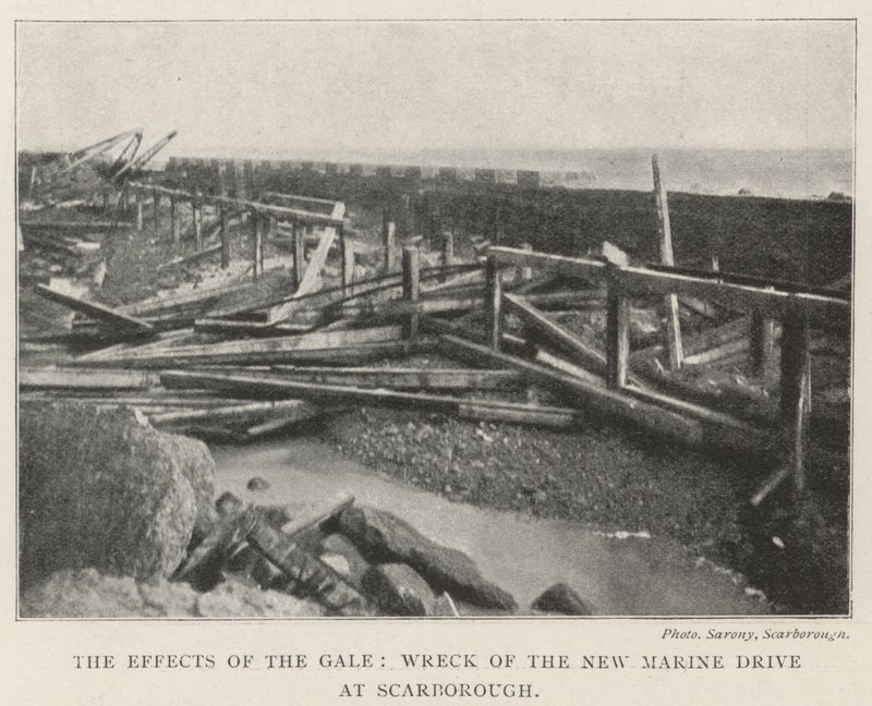 The Effects of the Gale, Wreck of the New Marine Drive at Scarborough av English Photographer