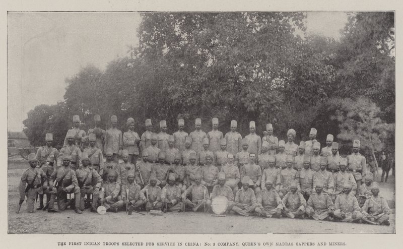 De første indiske troppene valgt for tjeneste i Kina, No 3 Company, Queens Own Madras Sappers and Miners av English Photographer
