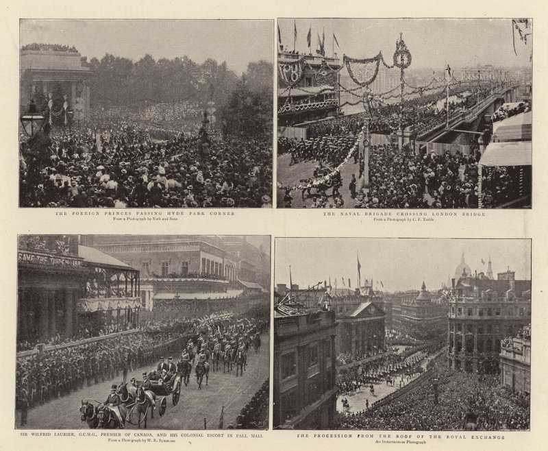 De utenlandske prinsene passerer Hyde Park Corner, Sir Wilfrid Laurier, GCMG, Canadas premier, og Colonial Escort i Pall Mall, Naval Brigade krysser London Bridge, prosesjonen fra Roof of the av English Photographer