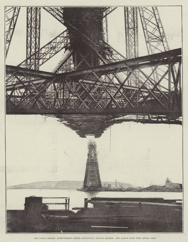 The Forth Bridge, Queensferry North Cantilever, Bottom Member, og Garvie Main Pier (april 1889) av English Photographer
