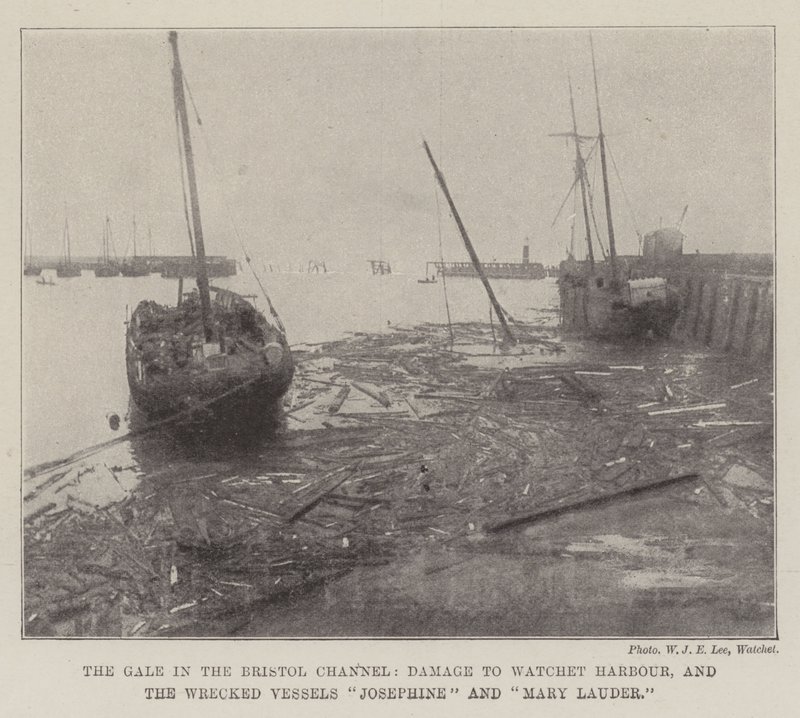 Gale in the Bristol Channel, Damage to Watchet Harbour og de havarerte fartøyene Josephine og Mary Lauder av English Photographer