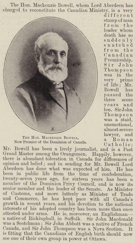 Den ærede Mackenzie Bowell, ny premier for Dominion of Canada av English Photographer