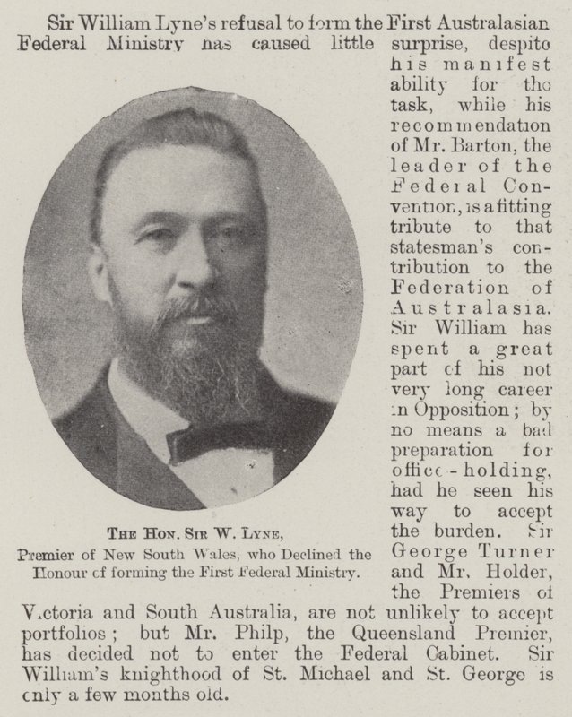 Den ærede Sir W Lyne, premier i New South Wales, som avslo æren av å danne det første føderale departementet av English Photographer