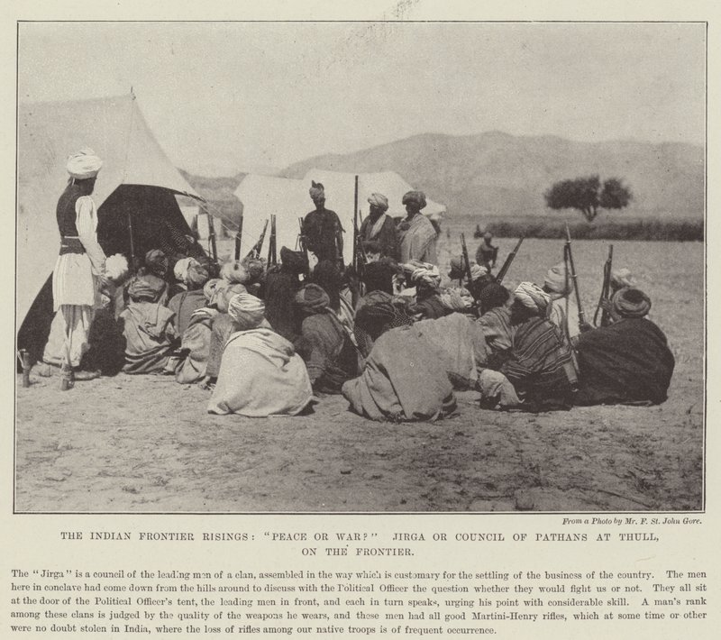 The Indian Frontier Risings, fred eller krig? Jirga eller Council of Pathans ved Thull, på grensen av English Photographer