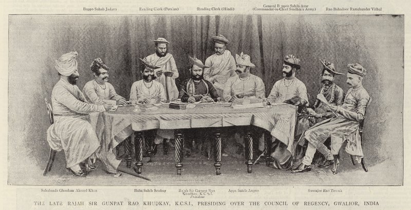 Den avdøde Rajah Sir Gunpat Rao Khudkay, KCSI, presiderer over Council of Regency, Gwalior, India av English Photographer