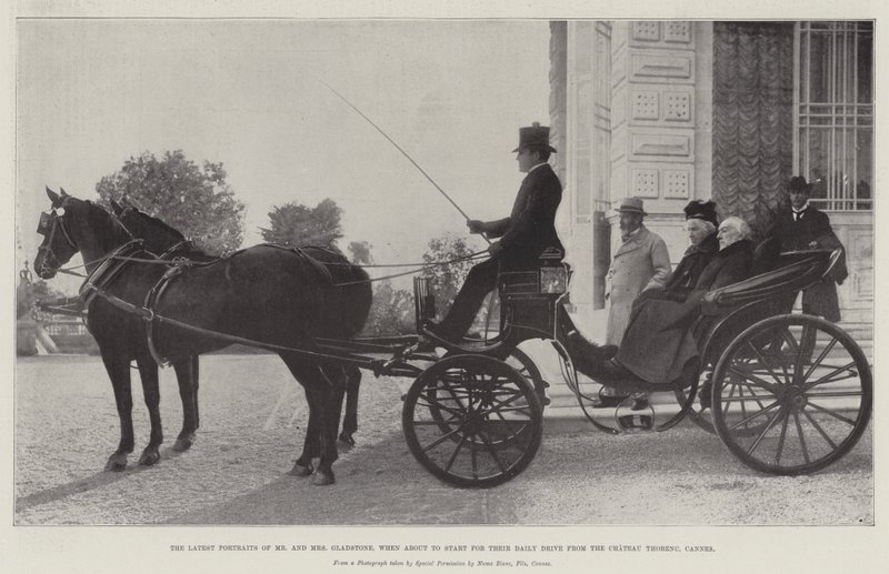 De siste portrettene av herr og fru Gladstone, når de skal starte for deres daglige kjøretur fra Chateau Thorenc, Cannes av English Photographer