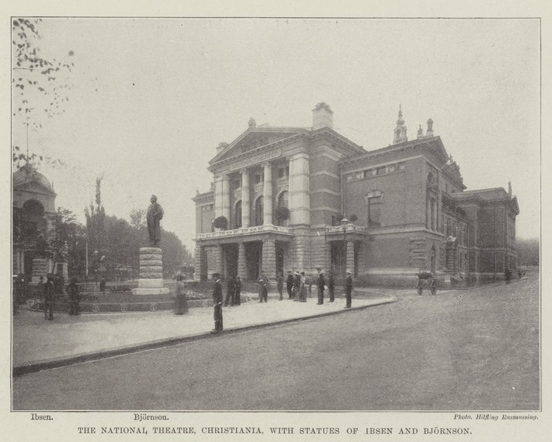 Nationaltheatret, Christiania, med statuer av Ibsen og Bjørnson av English Photographer