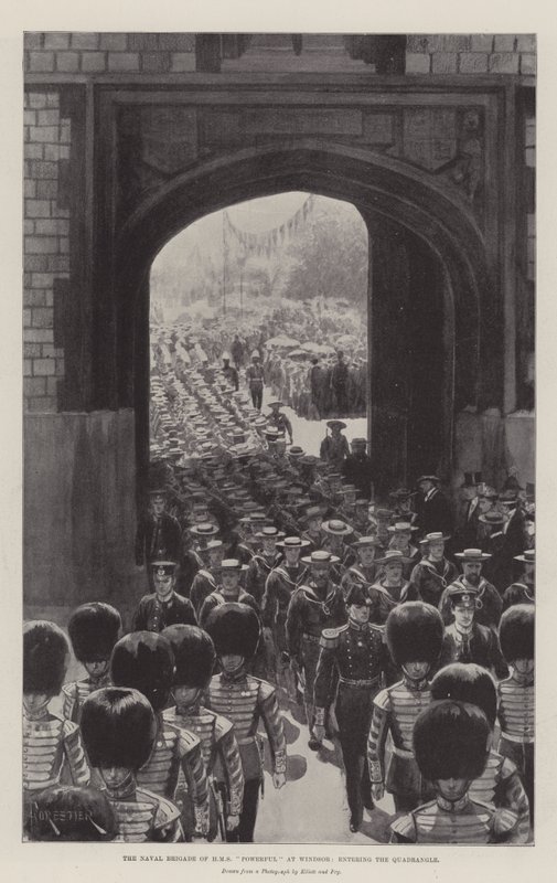 Naval Brigade of HMS Powerful ved Windsor, går inn i firkanten av English Photographer
