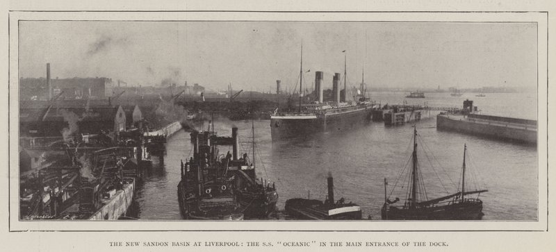 Det nye Sandon-bassenget i Liverpool, SS Oceanic i hovedinngangen til kaien av English Photographer