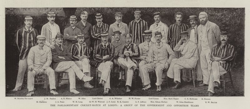 Den parlamentariske cricketkampen ved Lords, en gruppe av regjerings- og opposisjonslag av English Photographer