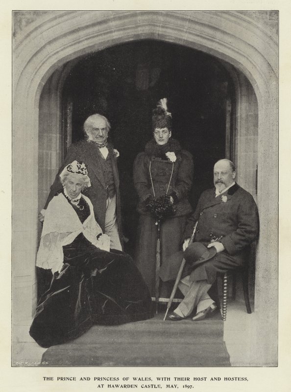 Prinsen og prinsessen av Wales, med deres vert og vertinne, på Hawarden Castle, mai 1897 av English Photographer
