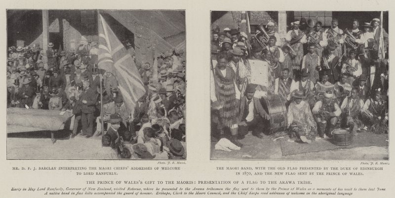 Prinsen av Wales gave til maoriene, presentasjon av et flagg til Arawa-stammen av English Photographer