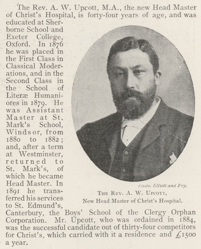 Pastor A W Upcott, ny sjefmester ved Christs Hospital av English Photographer