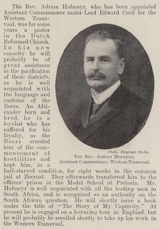Pastor Adrian Hofmeyr, assisterende kommissær, Western Transvaal av English Photographer