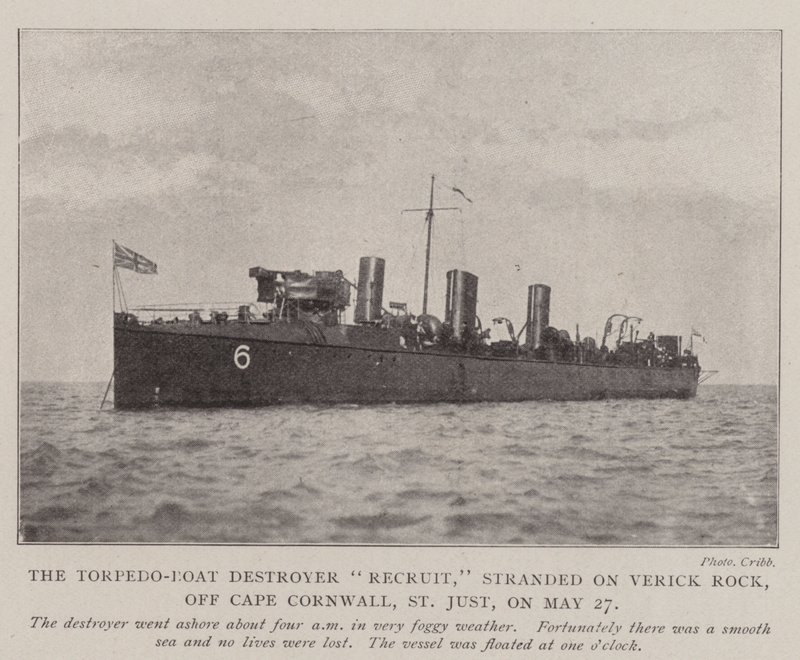 Torpedo-Boat Destroyer Recruit, strandet på Verick Rock, utenfor Cape Cornwall, St Just, 27. mai av English Photographer