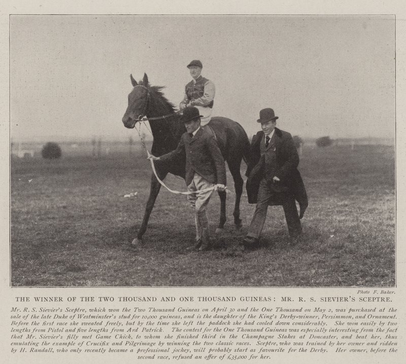 Vinneren av de to tusen og ett tusen Guineas, Mr RS Sieviers Scepter av English Photographer
