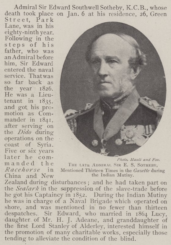 Den avdøde admiral Sir E S Sotheby nevnte tretten ganger i Gazette under det indiske mytteriet av English Photographer